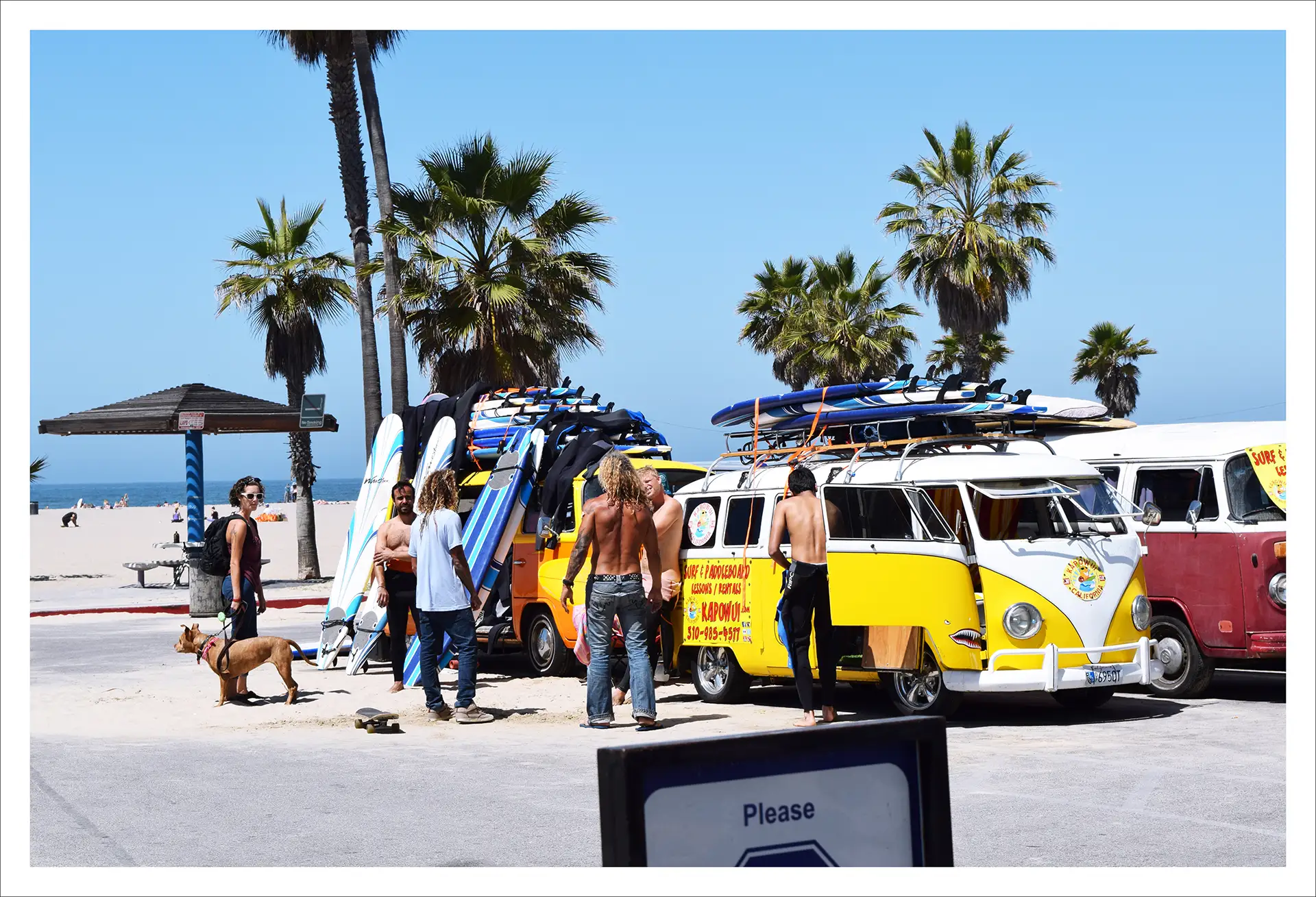 Los Angeles, surfer dudes beside a VW camper van, sunny