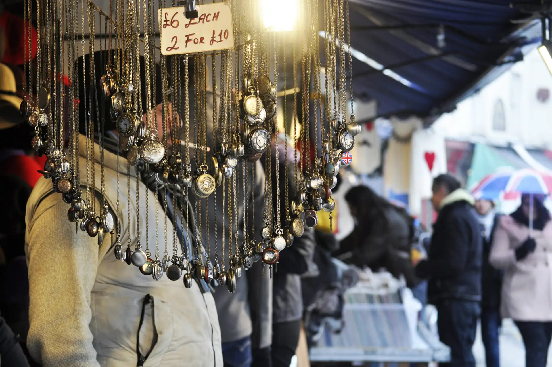 London, necklaces hanging on display